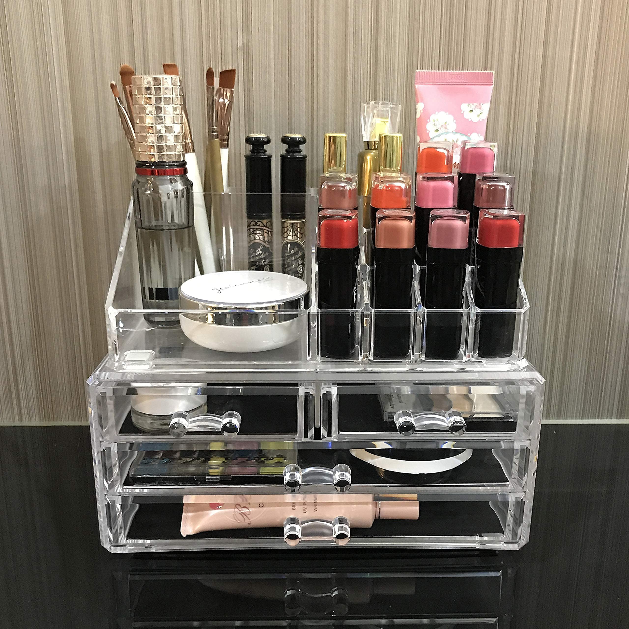 Ikee Design durable clear acrylic makeup storage fits on a vanity or countertop