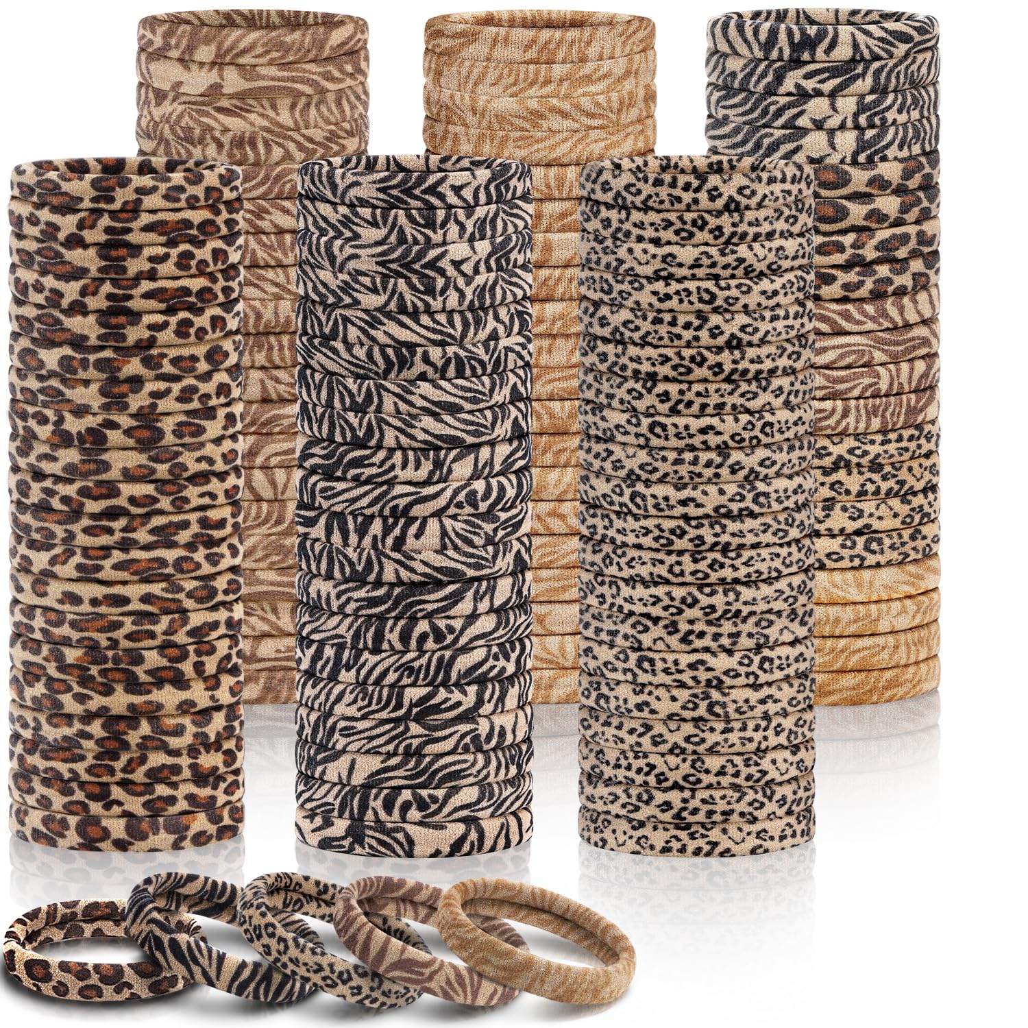 IKOCO leopard hair ties pack closeup shows durable no-damage design for all-day hold