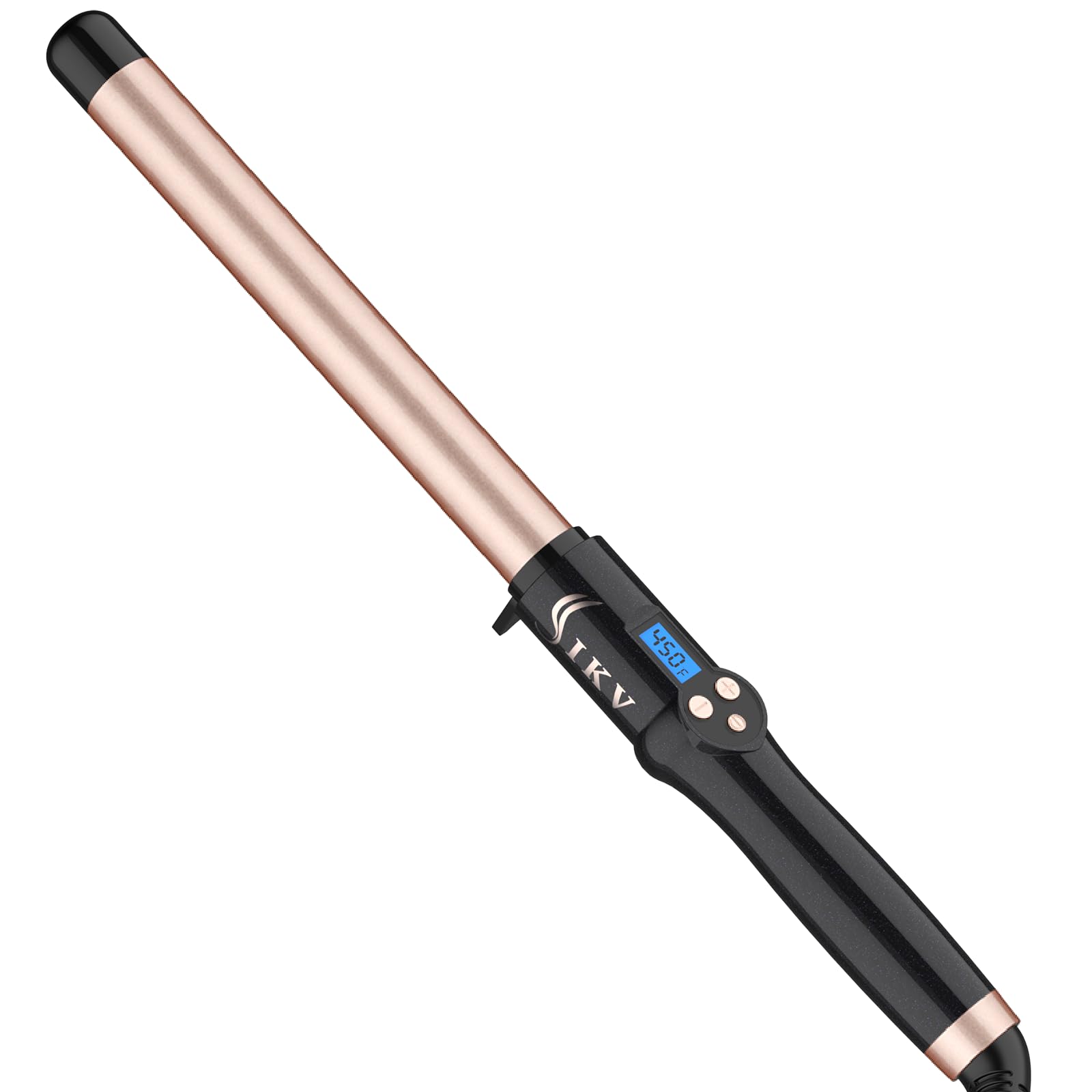IKV 1-inch curling wand long barrel front view with tourmaline ceramic surface for smooth curls.