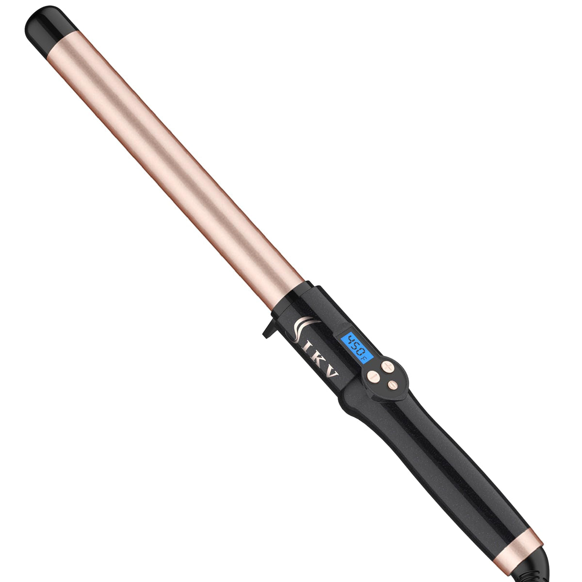 IKV 1-inch curling wand long barrel front view with tourmaline ceramic surface for smooth curls.