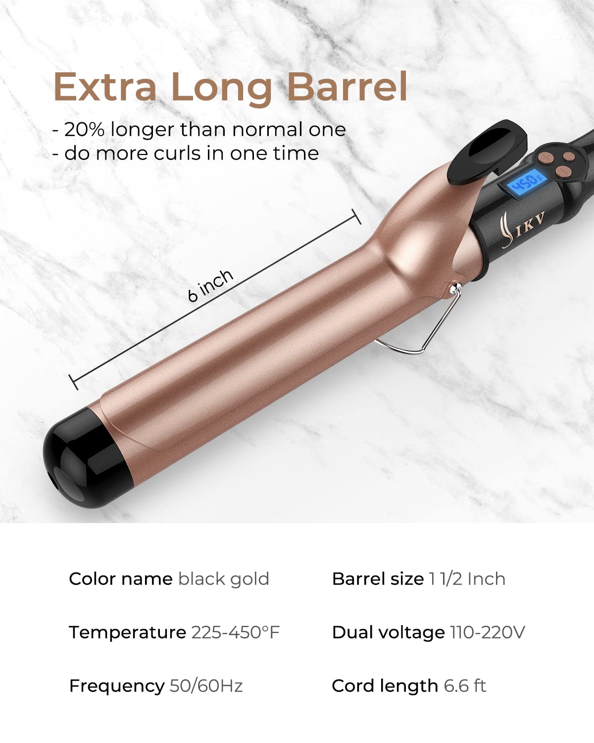 IKV curling iron featuring auto shut-off for added safety.
