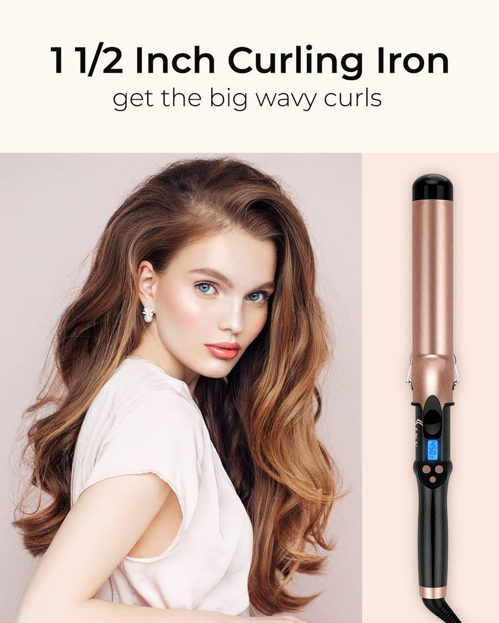 IKV curling iron close-up showing ceramic tourmaline coating for frizz control and shine.