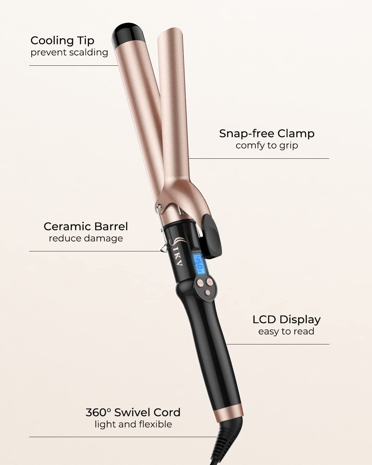 IKV curling iron ergonomic handle reduces hand fatigue