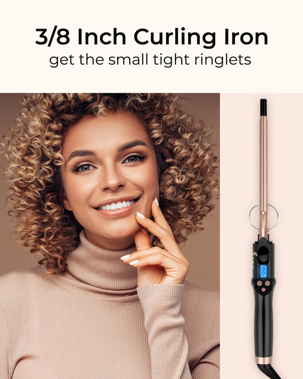 IKV small curling iron ceramic coating detail for reduced heat damage and frizz control.