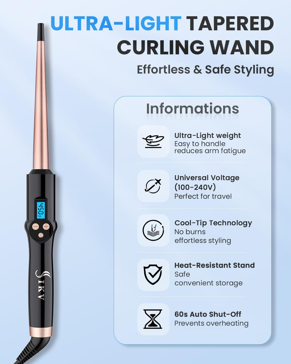 IKV curling wand auto shut-off kicks in after 60 minutes for safer use.