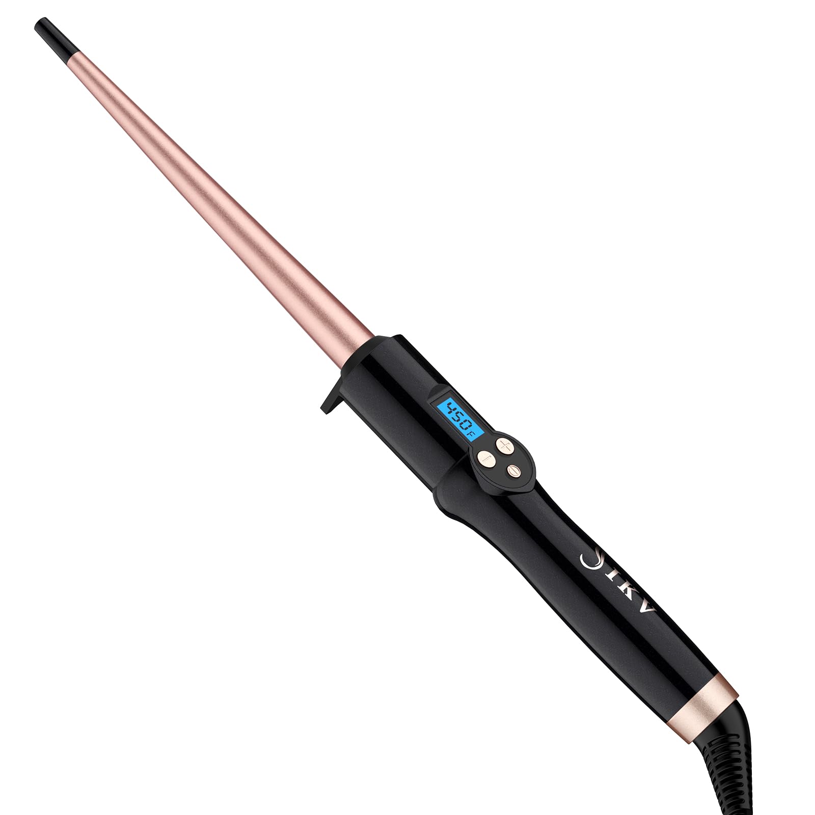 IKV tapered wand long hair 3-8-to-3-4 inch in use for natural layered curls.