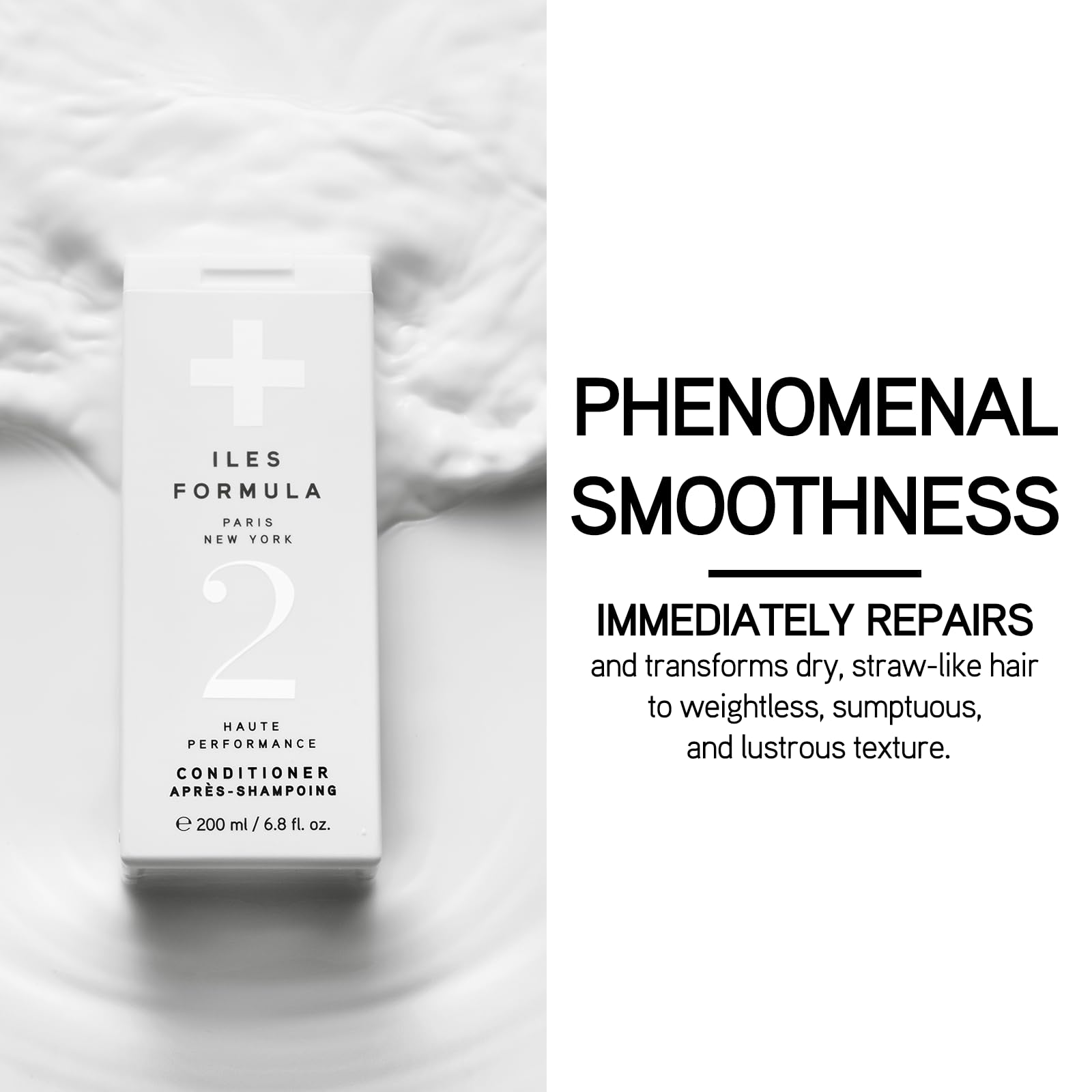 ILES FORMULA conditioner in use on damaged hair for smoother strands.