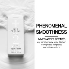 ILES FORMULA conditioner in use on damaged hair for smoother strands.