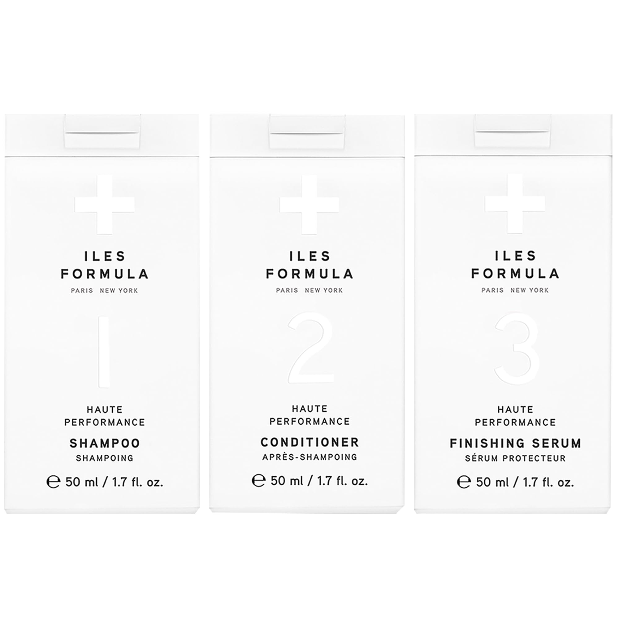 ILES FORMULA mini shampoo bottle demonstrates travel-friendly smoothing for frizz-free travels.