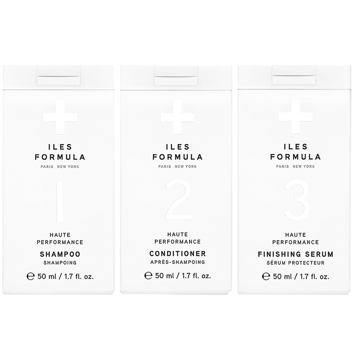 ILES FORMULA mini shampoo bottle demonstrates travel-friendly smoothing for frizz-free travels.