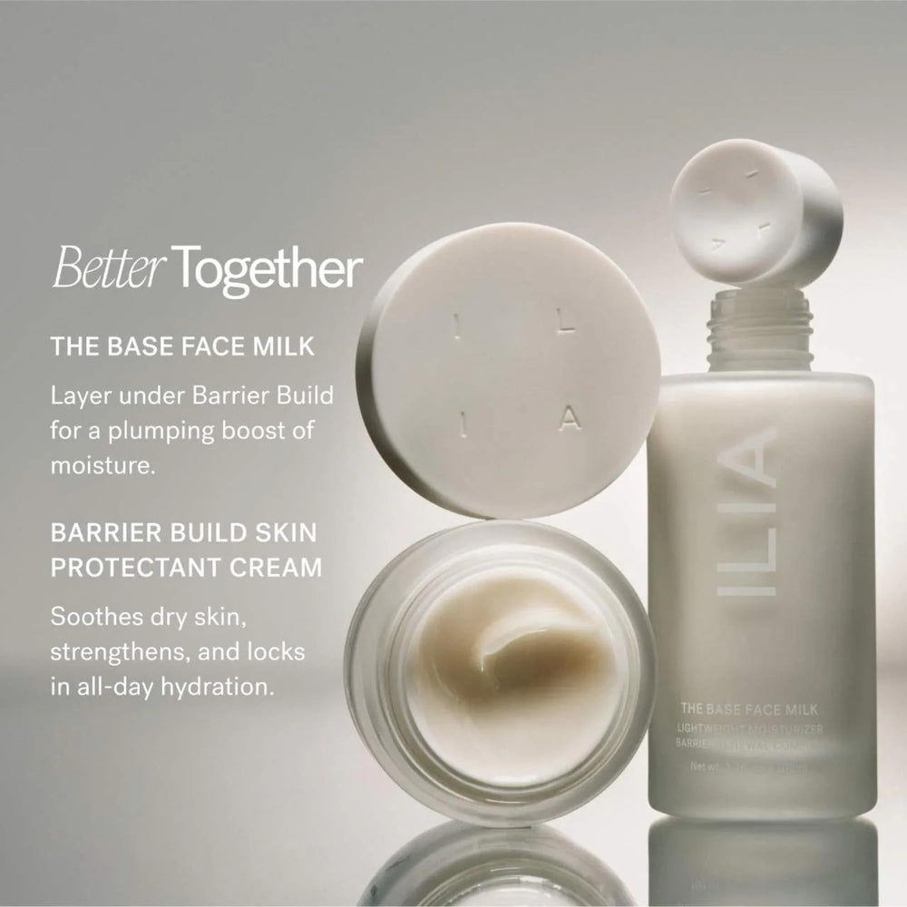 ILIA Barrier Build Cream flatlay packaging emphasizes clean cruelty free skincare ethos