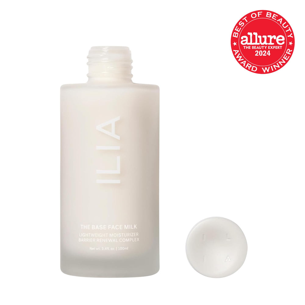 ILIA The Base Face Milk application-routine close-up illustrates simple layering with makeup