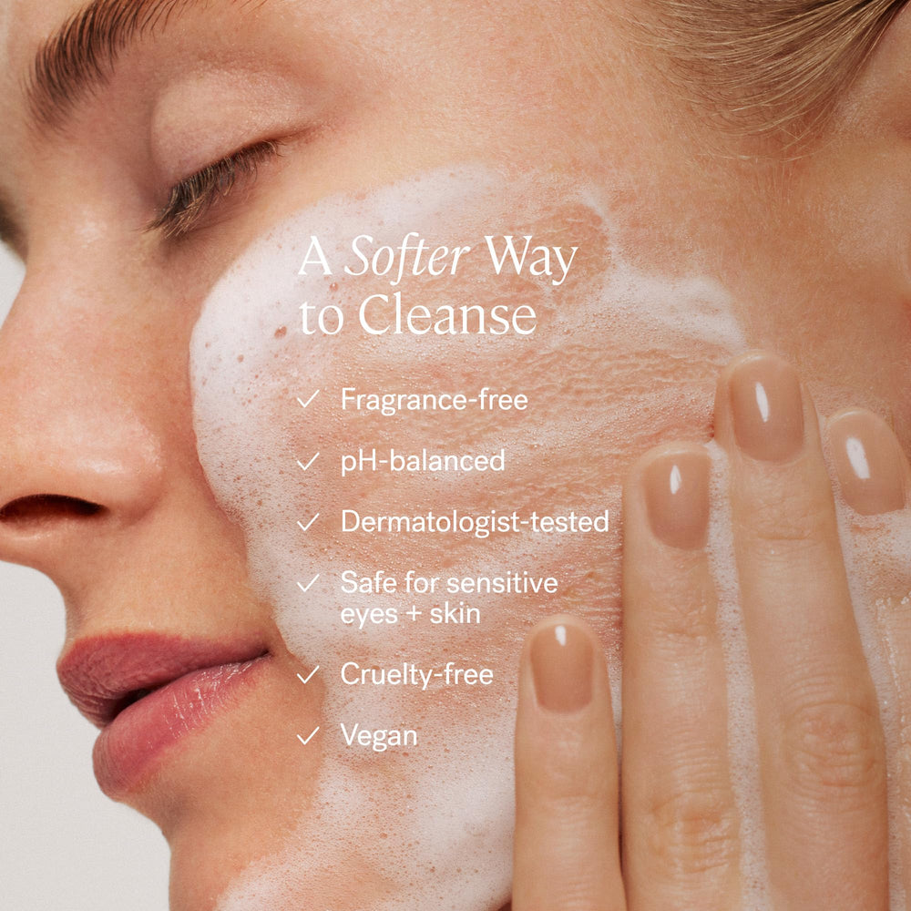ILIA The Cleanse foaming close-up shows a light, soft lather for makeup removal.