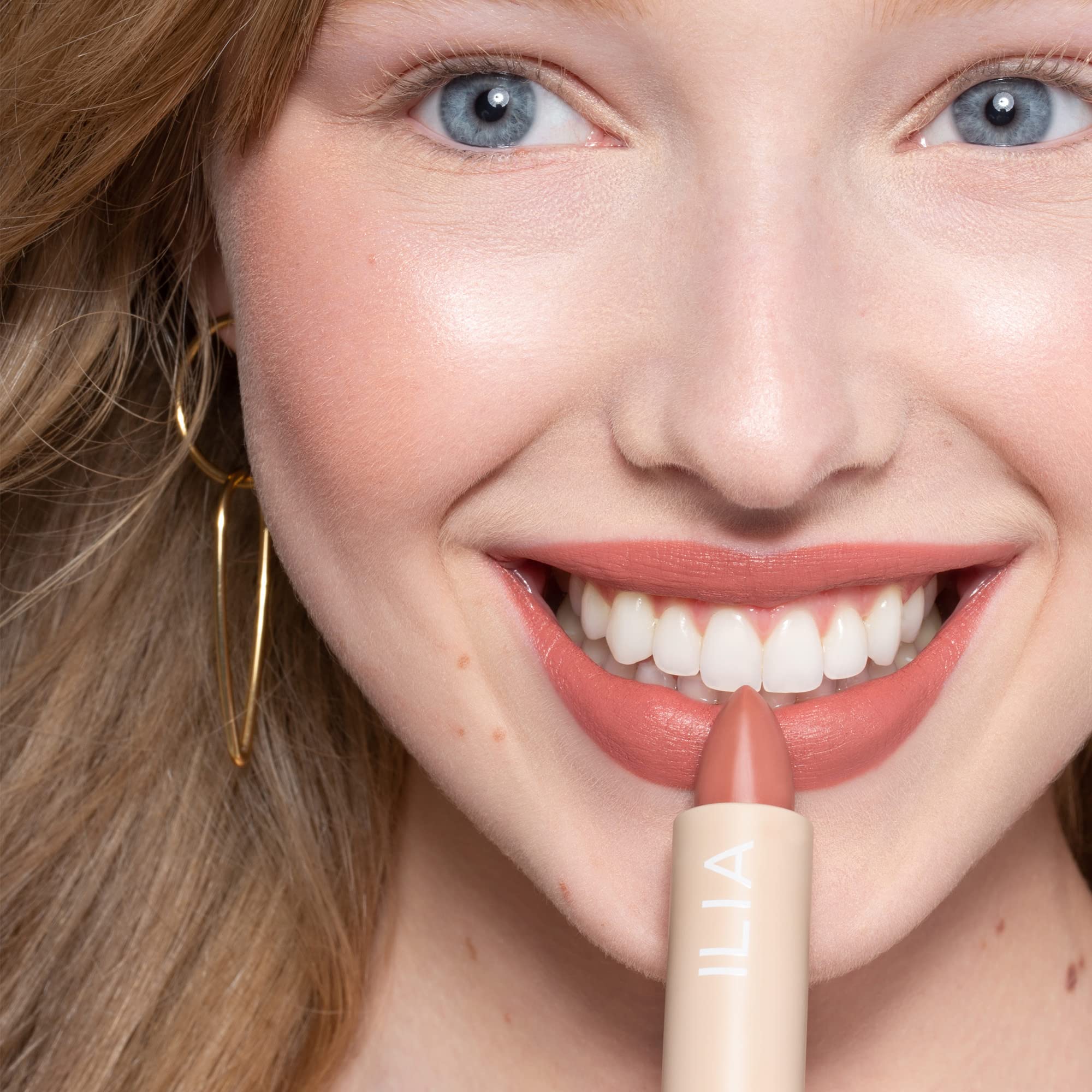 ILIA Color Block Lipstick full-coverage application showcases vibrant French nude tone.