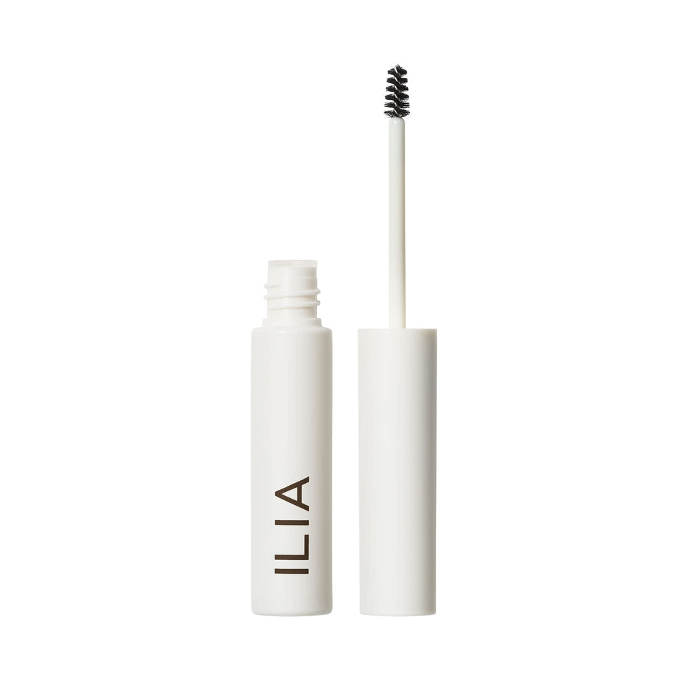 ILIA In Frame Brow Gel tube closeup shows clear, long-lasting hold