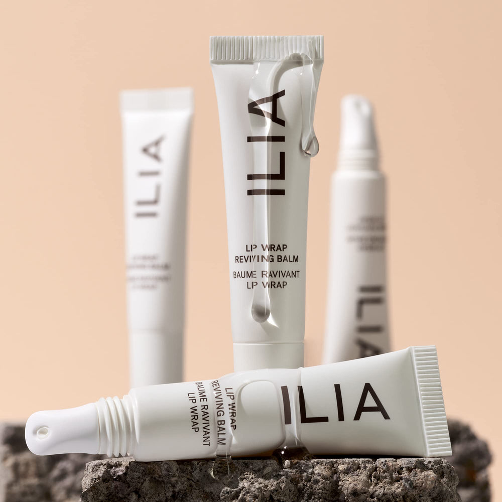 ILIA Lip Wrap Reviving Balm on lips before and after softening