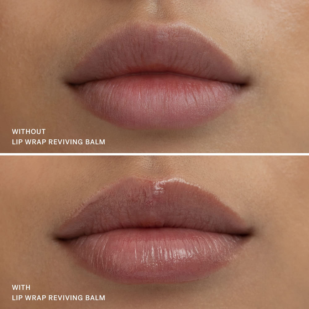 ILIA Lip Wrap Reviving Balm packaging flatlay highlighting vegan and gluten-free labels