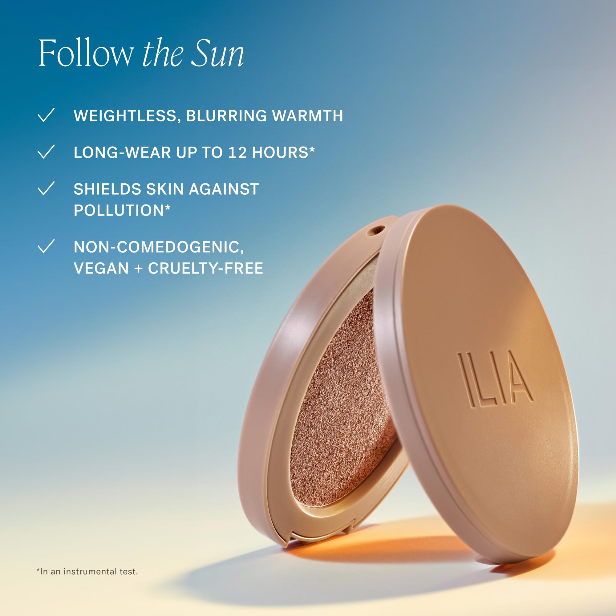 ILIA Sunshift Bronzer Ray weightless finish with long-lasting glow.