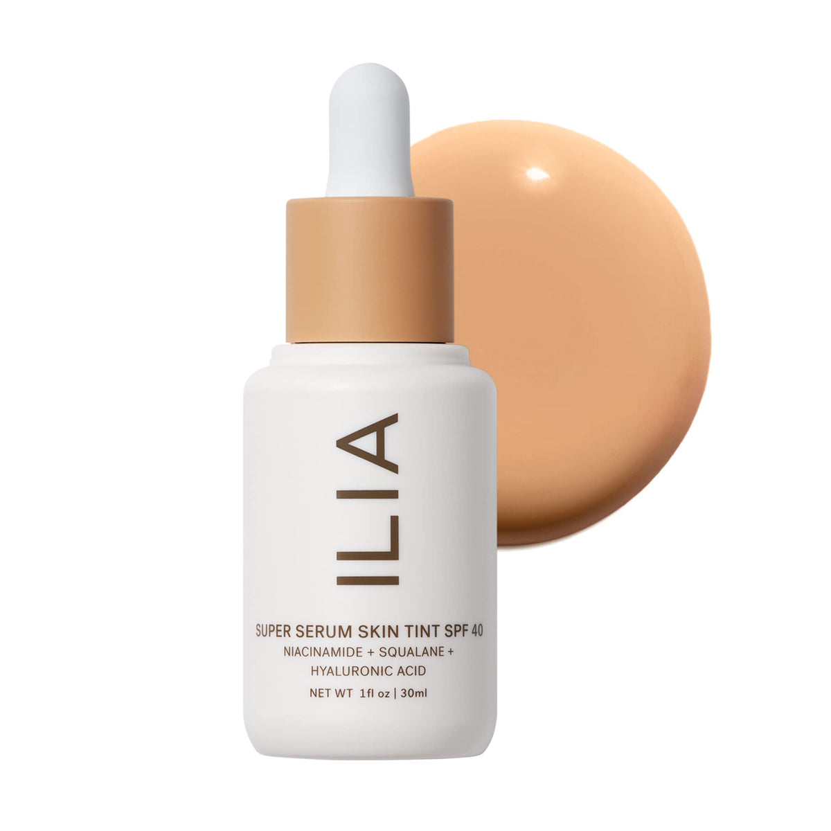 ILIA Super Serum Skin Tint bottle with pump showing easy application and glow