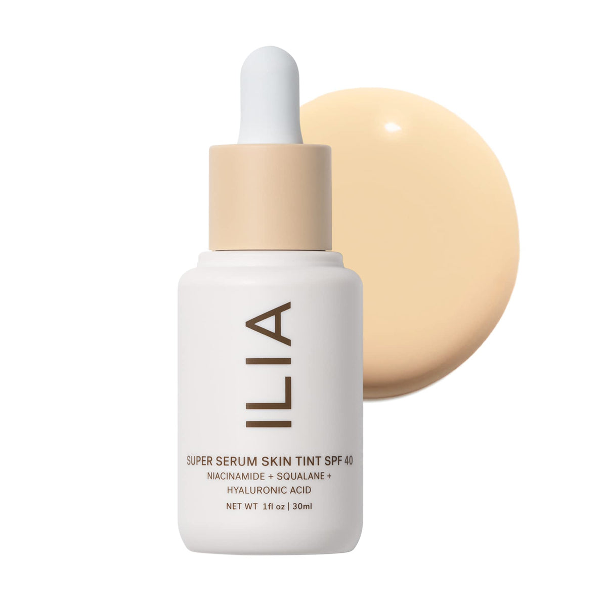 ILIA Super Serum Skin Tint bottle with dewy finish and mineral SPF protection.
