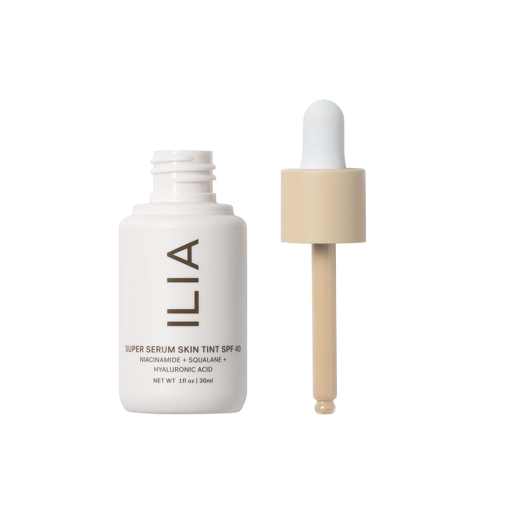 ILIA packaging highlights niacinamide and hyaluronic acid for smoother skin texture.