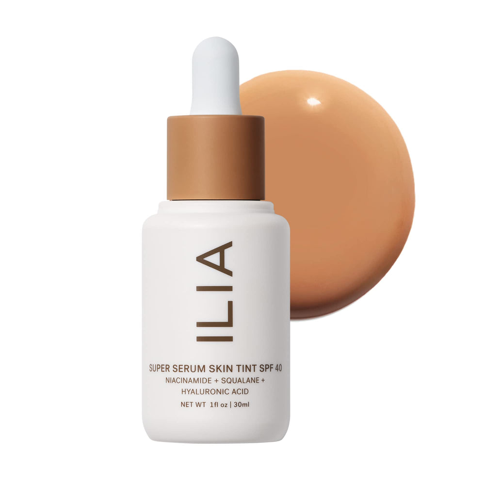 ILIA Super Serum Skin Tint SPF40 bottle with pump offers lightweight, dewy coverage for daily wear
