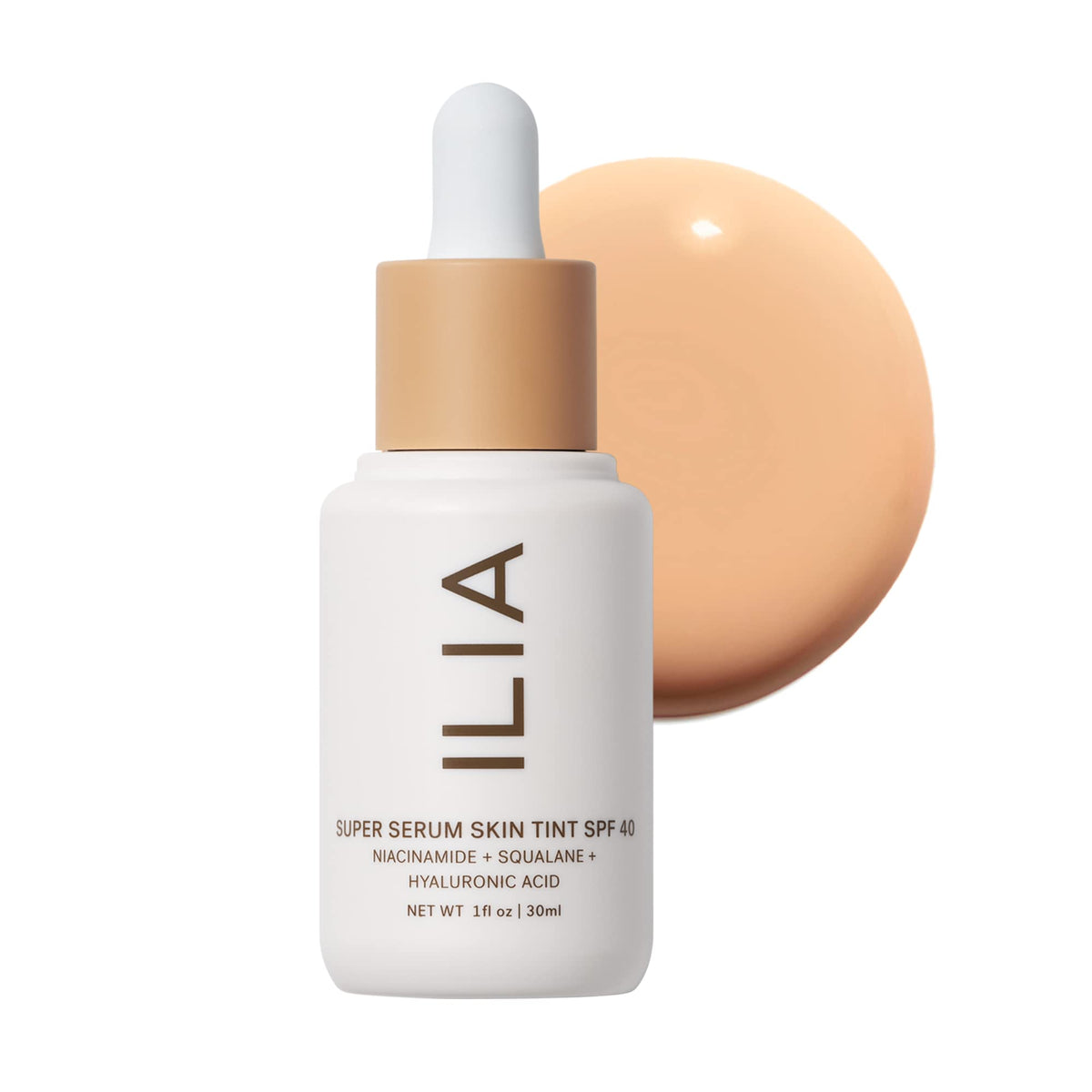 ILIA Super Serum Skin Tint SPF 40 bottle demonstrates lightweight hydration for a natural glow.