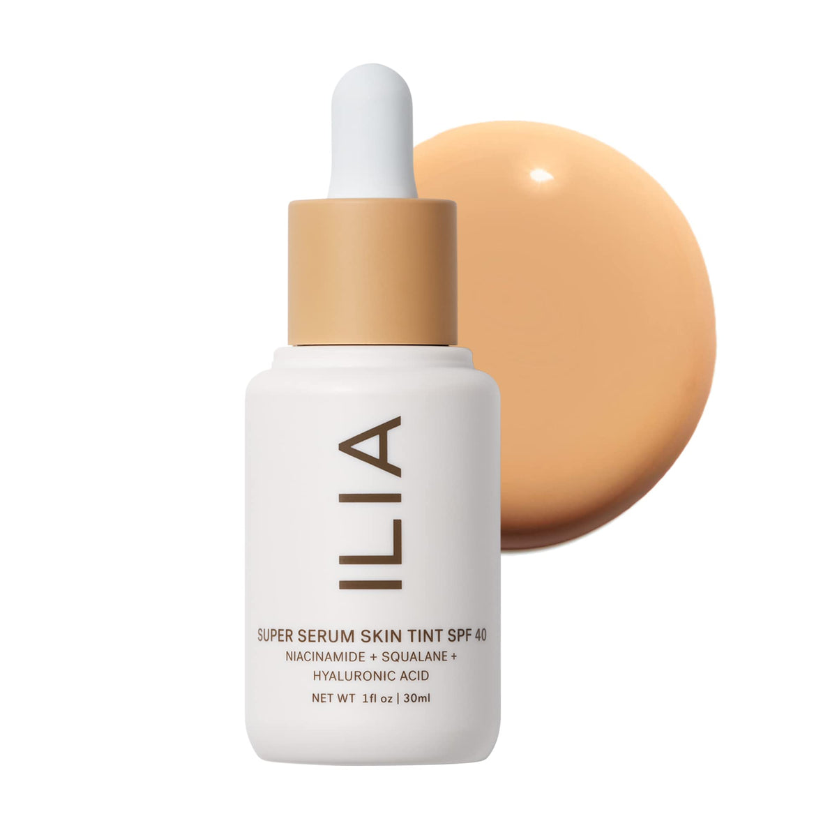 ILIA Super Serum Skin Tint SPF 40 bottle shows dewy finish and sheer coverage