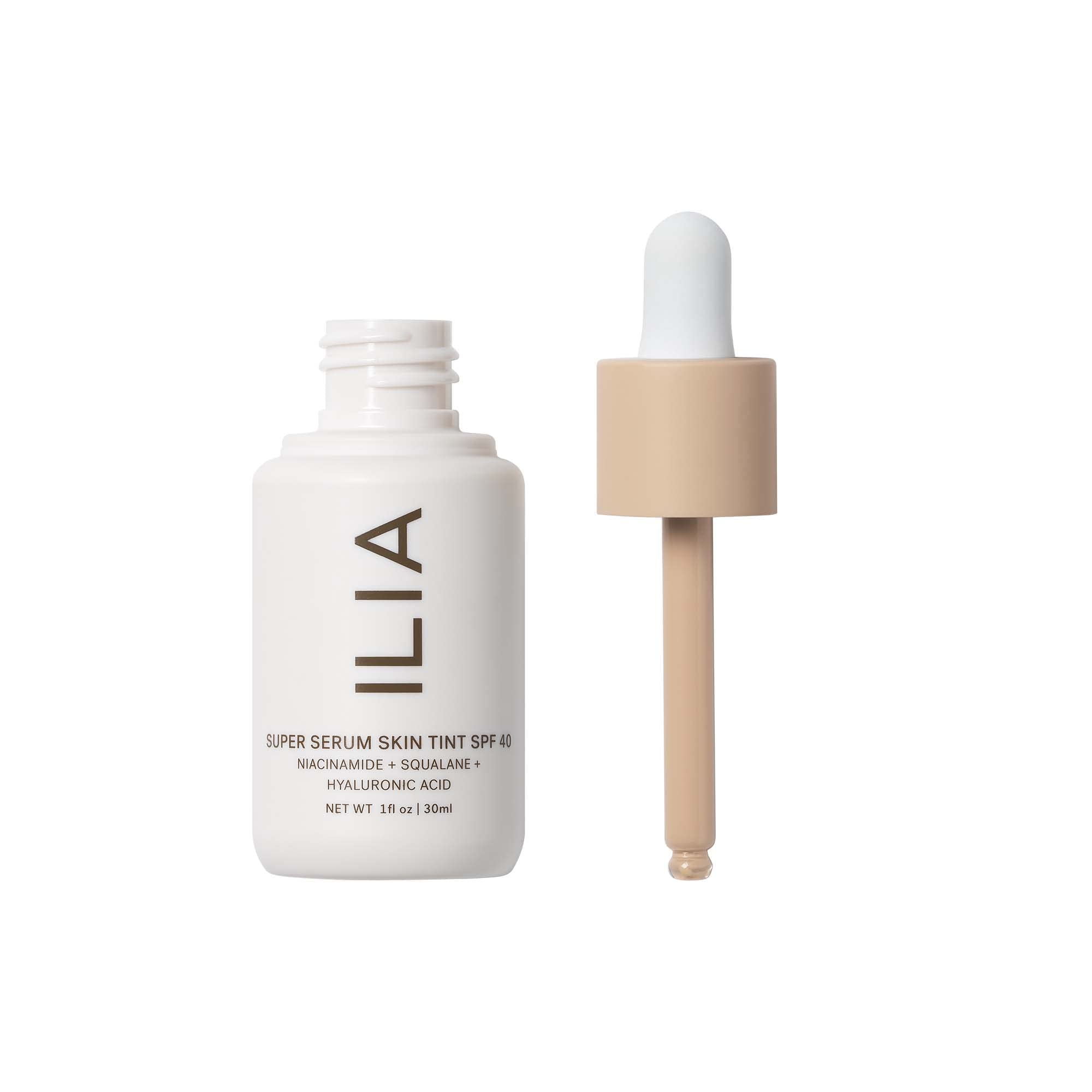 ILIA Super Serum Skin Tint SPF 40 on face demonstrates light, dewy finish and comfortable wear.