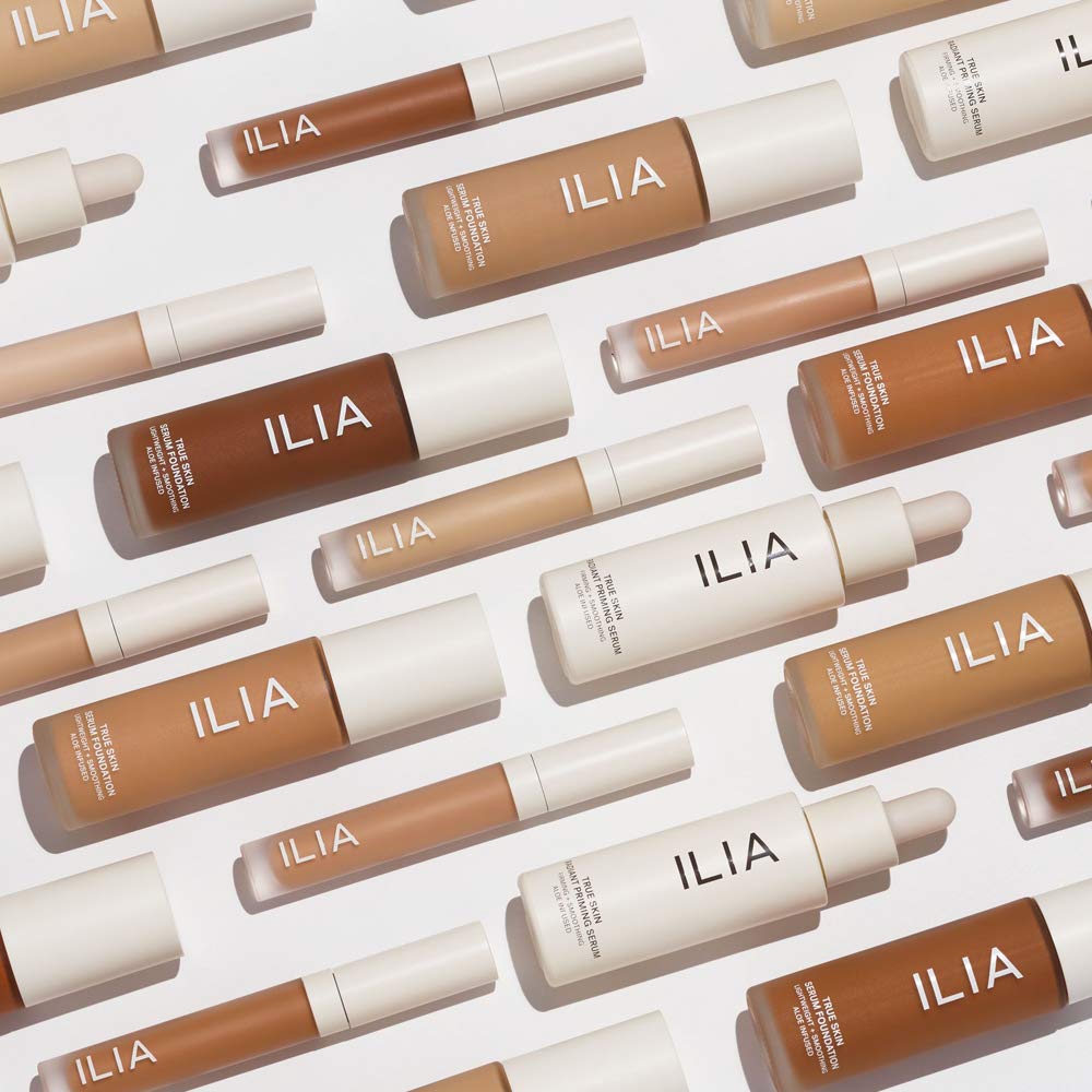 ILIA True Skin Radiant Priming Serum packaging highlights sustainable, vegan, cruelty-free ethos.