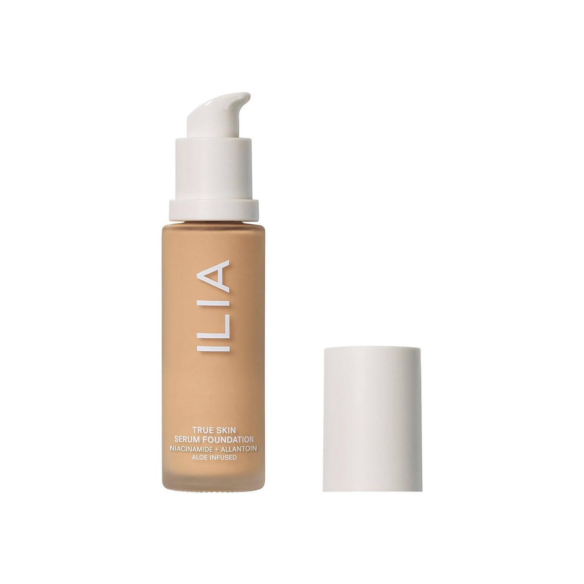 ILIA True Skin Serum Foundation bottle shows weightless, breathable coverage.