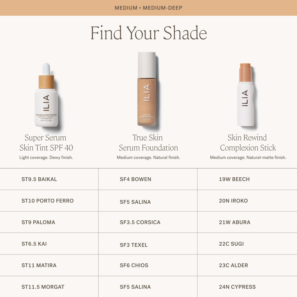 ILIA True Skin recyclable glass bottle packaging image.