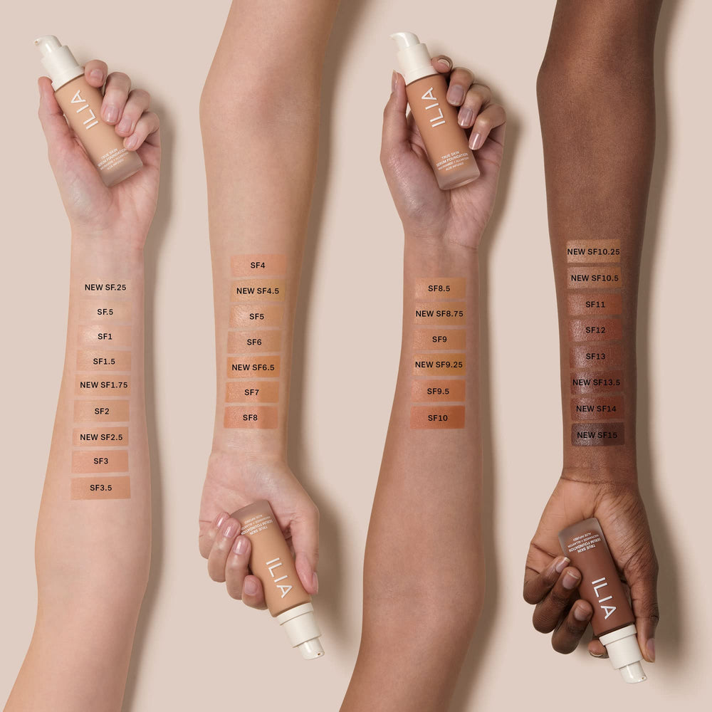 ILIA True Skin SF5 Salina swatch shows light-medium neutral undertones.