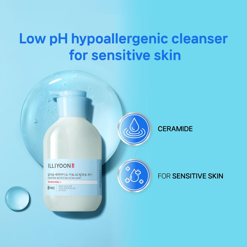 Illiyoon Ceramide Ato 6.0 wash closeup ingredients highlights fragrance-free hypoallergenic formula