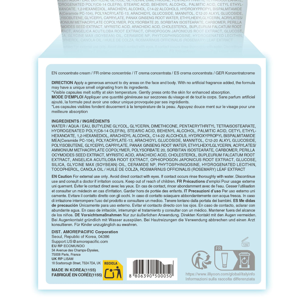 Illiyoon Ceramide Ato Concentrate Cream back panel highlights barrier-supporting ingredients.