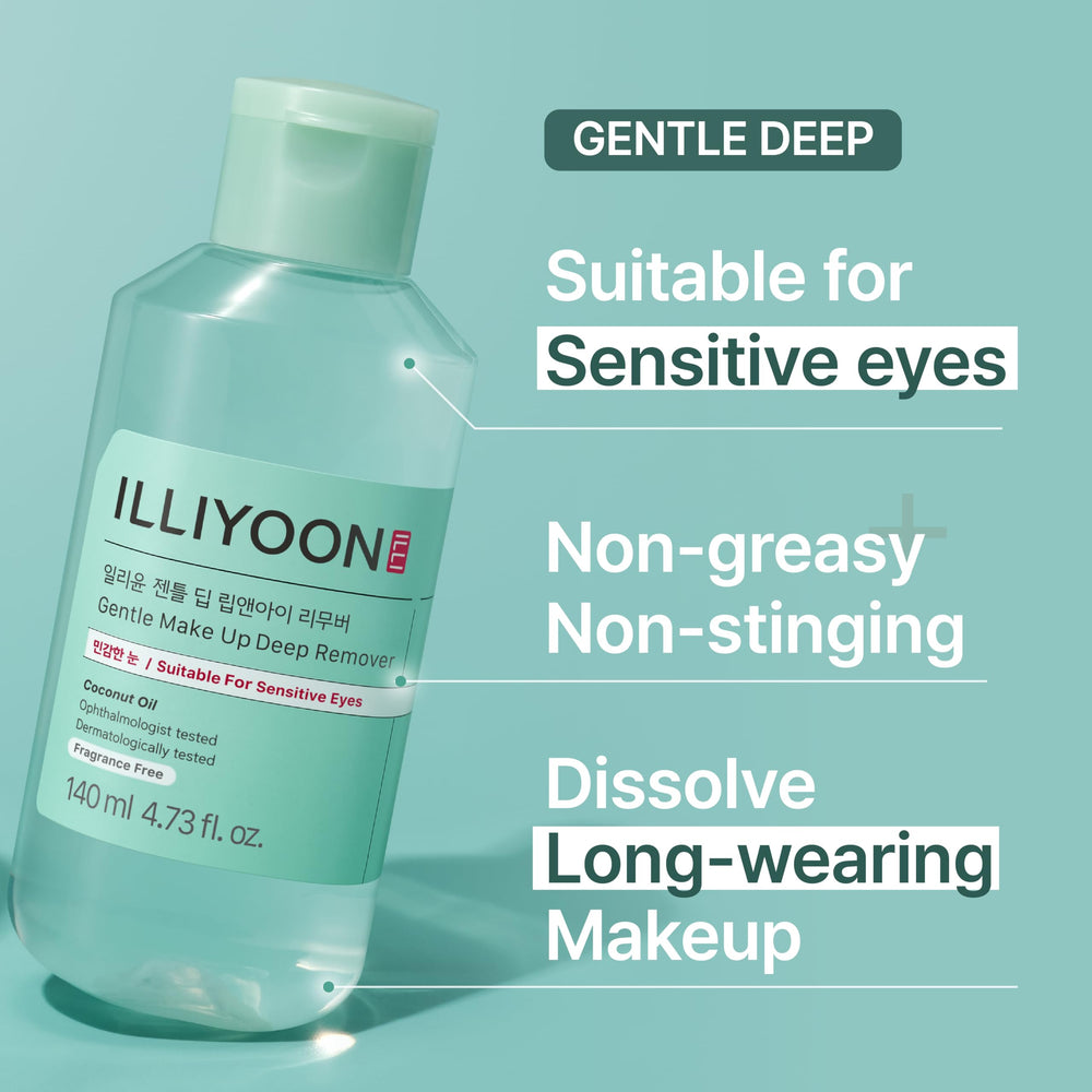 Illiyoon Gentle Deep Eye Makeup Remover cotton-pad application enables quick, gentle removal near delicate eyes.