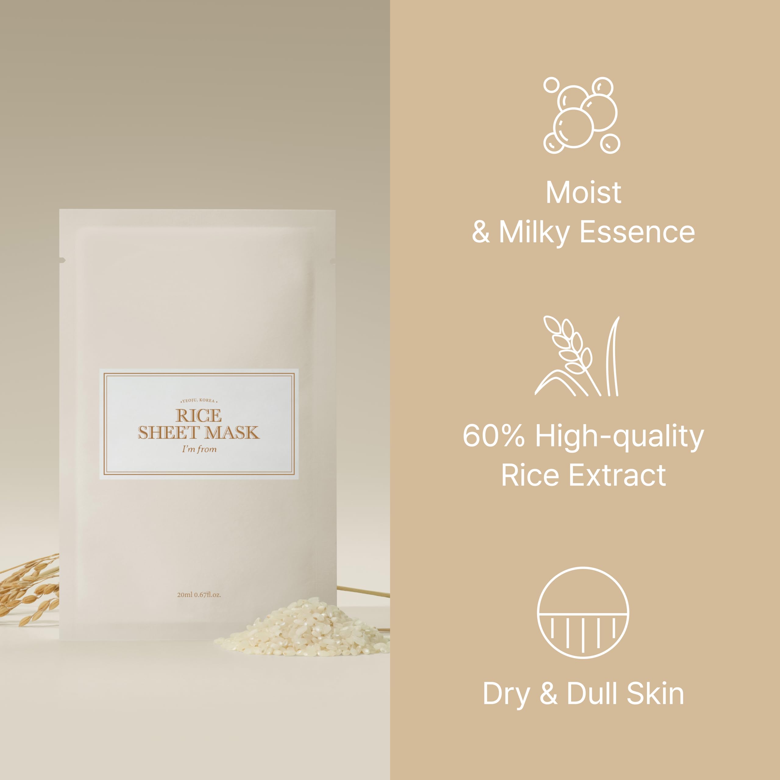 I'm from Rice Sheet Mask Goami rice extract highlight, showcasing natural nutrition for radiant skin.