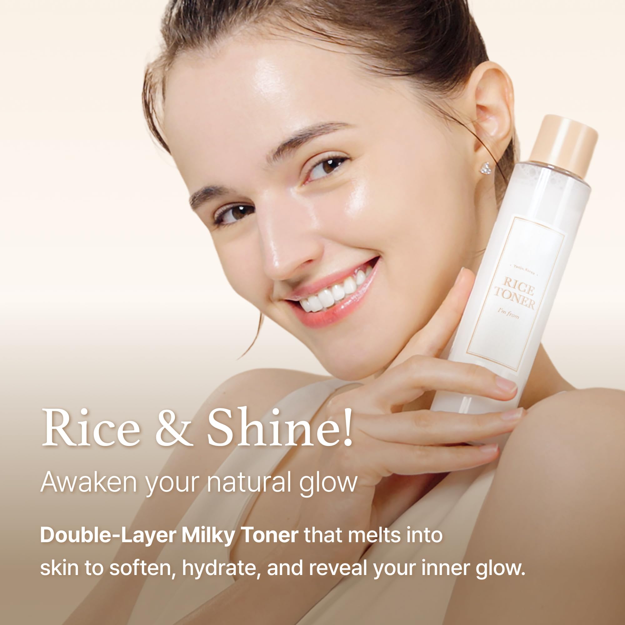 I'm from Rice Toner glass bottle close-up emphasizes premium packaging