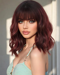 Monaluxe Synthetic Bob Wig with Bangs for Women Burgundy Synthetic Heat Resistant Loose Curly Wavy Wig Short Wine Red Glueless Bob Wig Everyday Hairstyle