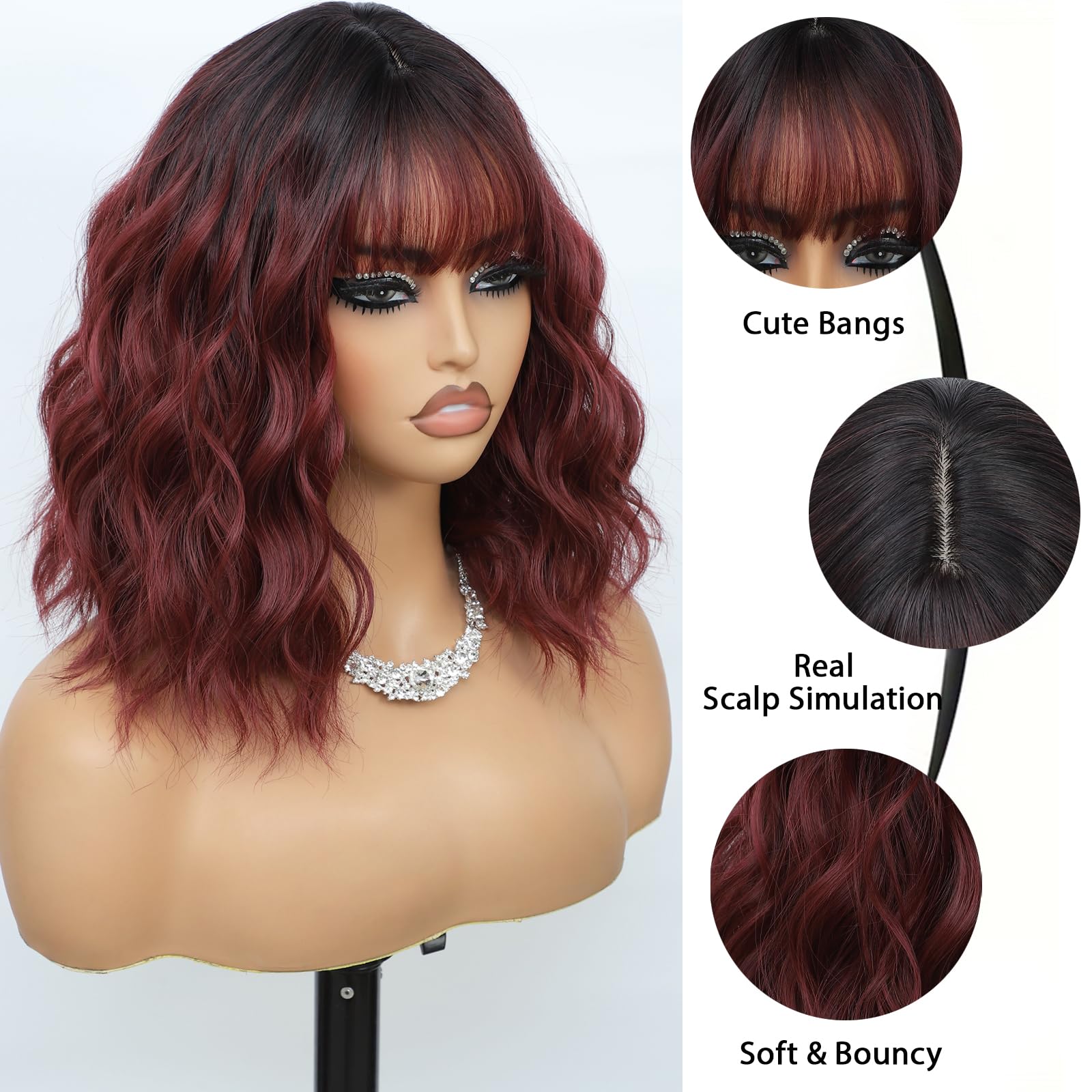 Monaluxe Synthetic Bob Wig with Bangs for Women Burgundy Synthetic Heat Resistant Loose Curly Wavy Wig Short Wine Red Glueless Bob Wig Everyday Hairstyle