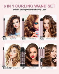 6 in 1 Wand Curling Iron, 3 Barrel Curling Iron Set with Thermal Brush (1.5") and 5 Interchangeable Ceramic Wand Curler (0.35"-1.25"), 2 Temp Heating Setting, Christmas Birthday Gifts for Women