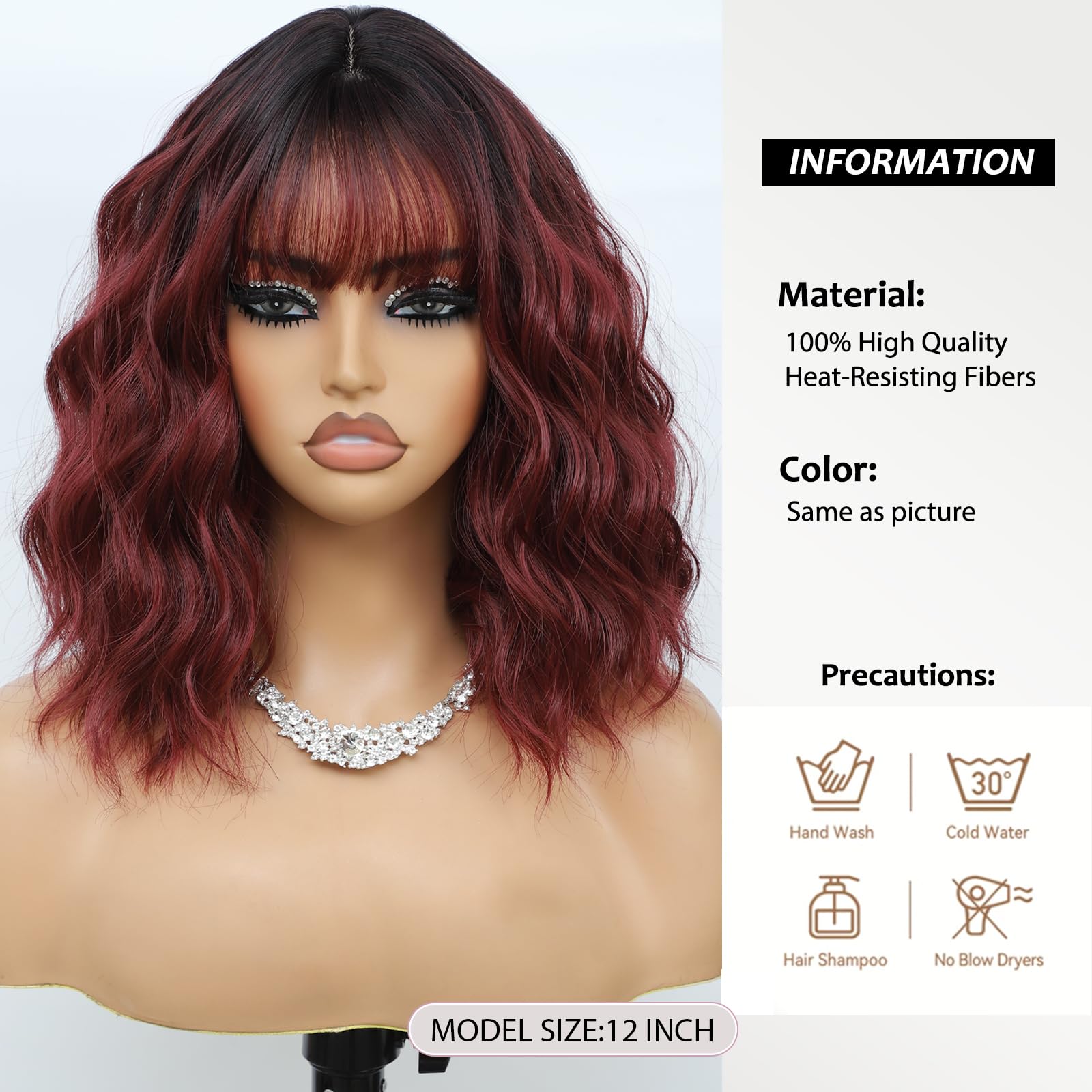 Monaluxe Synthetic Bob Wig with Bangs for Women Burgundy Synthetic Heat Resistant Loose Curly Wavy Wig Short Wine Red Glueless Bob Wig Everyday Hairstyle