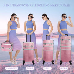 Stagiant Rolling Makeup Train Case Cosmetology Case on Wheels 4 in 1 Large Cosmetic Organizer Box Makeup Travel Case with Key Swivel Wheels Nail Artist Salon Storage Traveling Cart Big Trunk Pink