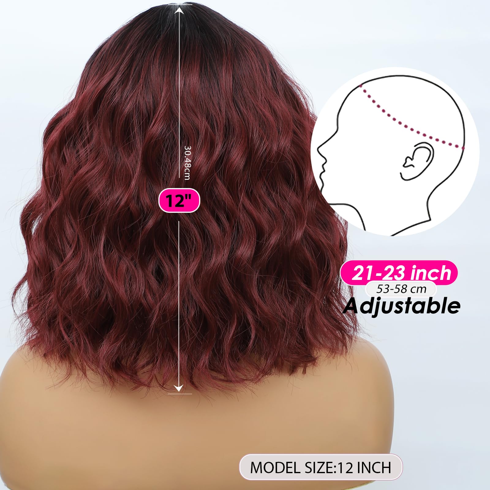 Monaluxe Synthetic Bob Wig with Bangs for Women Burgundy Synthetic Heat Resistant Loose Curly Wavy Wig Short Wine Red Glueless Bob Wig Everyday Hairstyle