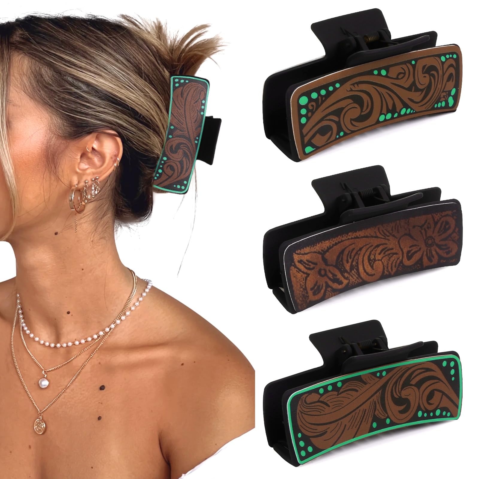 Tobeffect Hair Clips for Women, 4" Western Large Leather Claw Clips for Thick Long Hair, Aesthetic Cowgirl Stuff Gift for Women Girls, Strong Hold Hair Clips - 3 Count