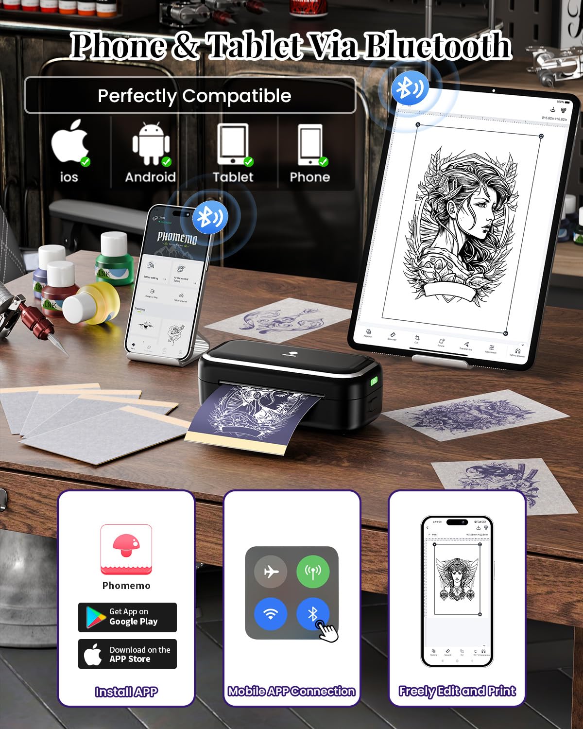 Phomemo TP31 Tattoo Stencil Printer -Mini Tattoo Printer Machine with 30pcs Transfer Paper,Small Portable Tattoo Machine for Beginners/Enthusiast/Artists,Easy to Use with Smartphone,Pad- Black