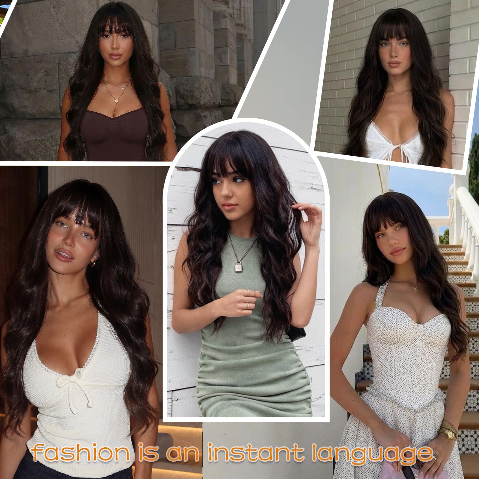 MINSEEYOO Brown Wig with Bangs | Long 26in Wavy Natural-Look Heat-Resistant Synthetic Wig