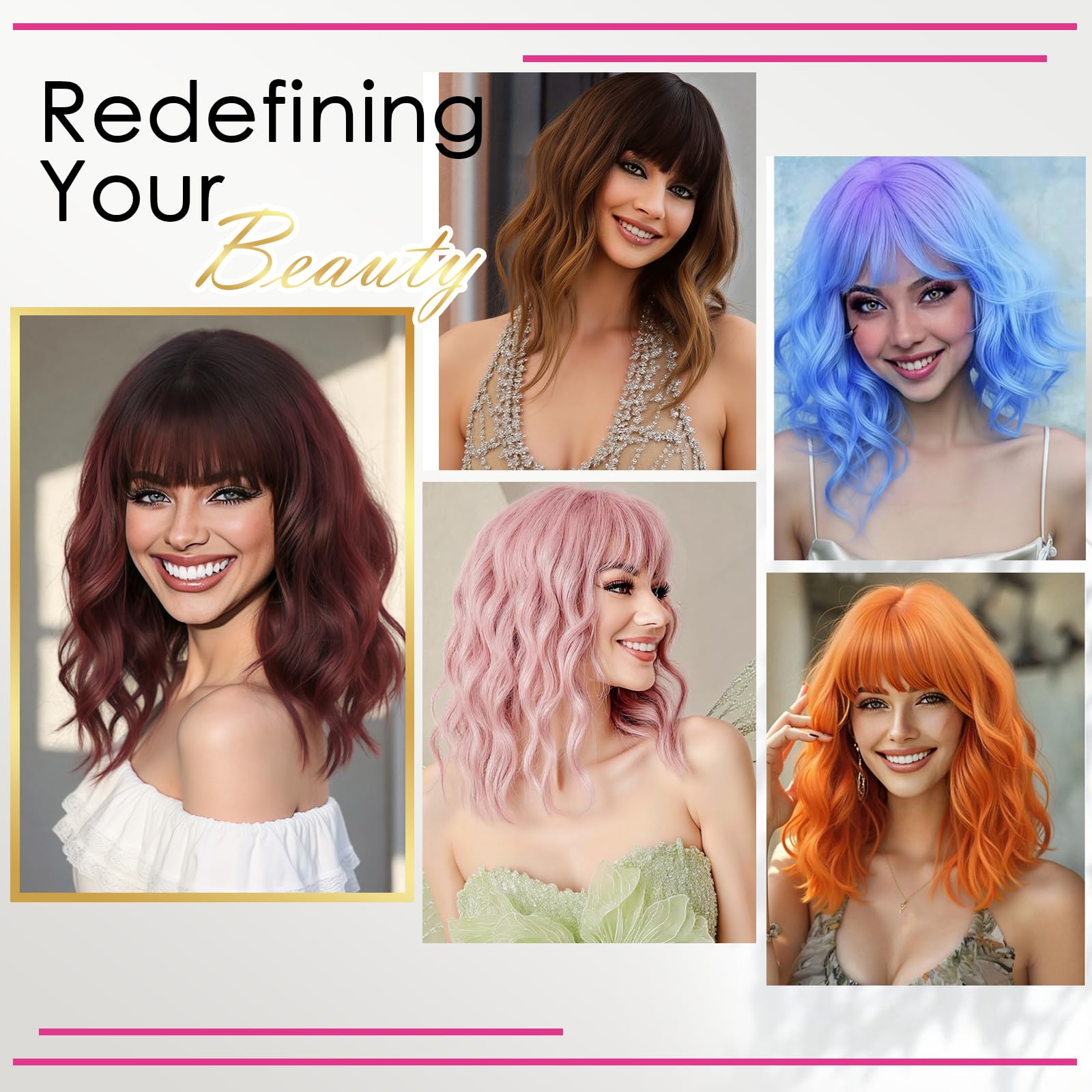 Monaluxe Synthetic Bob Wig with Bangs for Women Burgundy Synthetic Heat Resistant Loose Curly Wavy Wig Short Wine Red Glueless Bob Wig Everyday Hairstyle