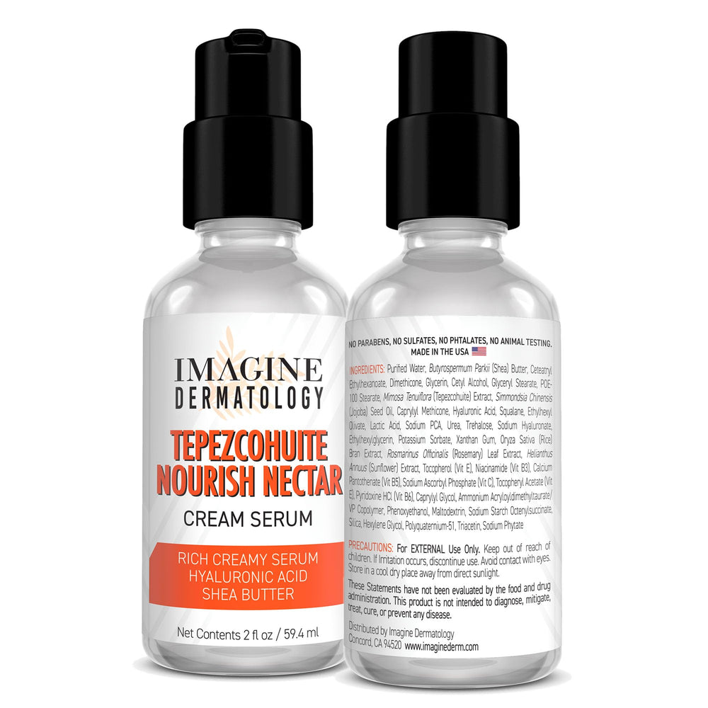 Imagine Dermatology Tepezcohuite Nourish Nectar bottle highlights unscented formula for sensitive skin