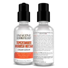 Imagine Dermatology Tepezcohuite Nourish Nectar bottle highlights unscented formula for sensitive skin